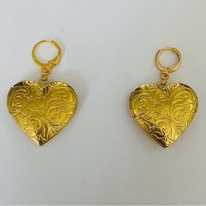 Vintage Gold Heart Locket Drop Earrings
